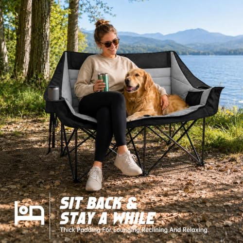 Black 2-Person Folding Camping Loveseat Outdoor Chair with Padded Seat & Storage