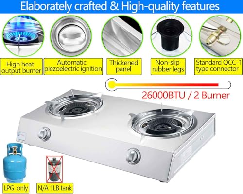Horynar Silver Propane Stove 2 Burner Auto Ignition 26000 BTU Outdoor Gas Cooker
