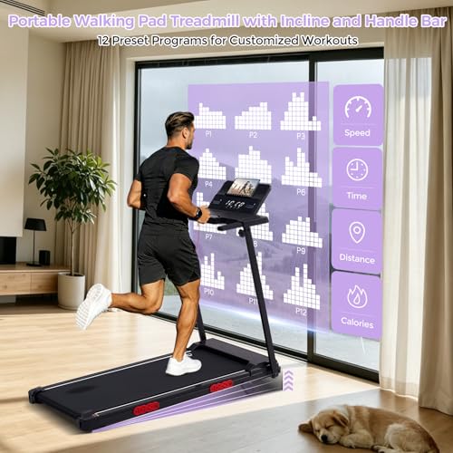 Compact Walking Pad Treadmill with Handle Bar & Incline for Home Exercise