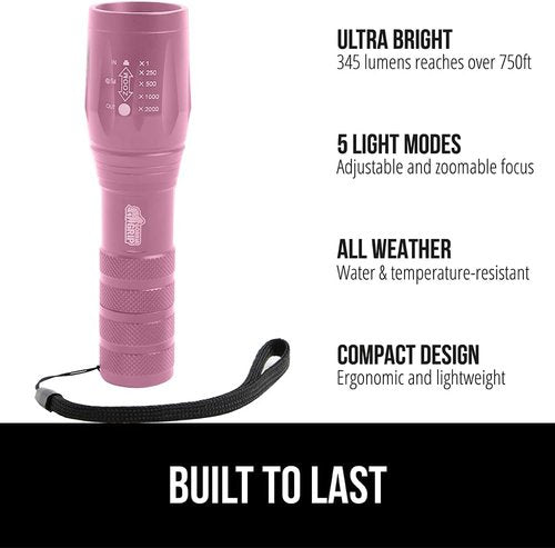 Gorilla Grip Tactical Flashlight - 750 FT Water Resistant, 5 Adjustable Modes, Ultra Bright, 2 Pack, Pink