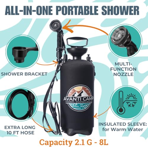 Portable Camping Shower 2.1 Gallon Pressurized Rinse Kit with 10 Spray Modes - Black