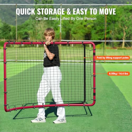 VEVOR 4x5.5 Ft Red Baseball Softball Rebounder Net with Adjustable Angles and Steel Frame