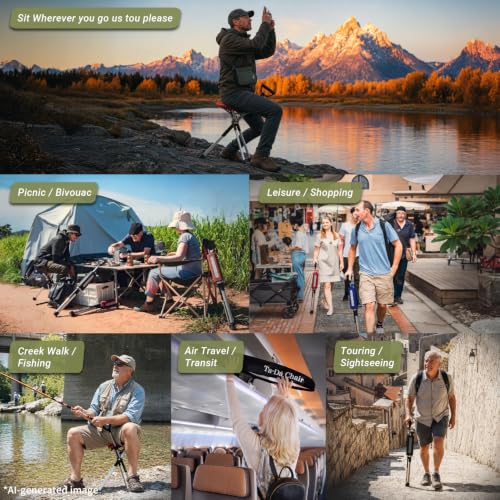 STEP2GOLD Ta-Da Chair Series 2 Folding Walking Stick & Seat M, Black, Lightweight Aluminum