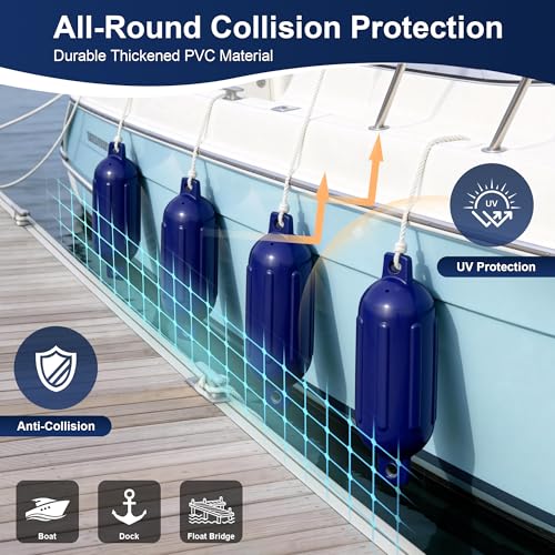 K-Musculo 8.5 Inch x 27 Inch Marine Boat Fender - Navy Blue 4 Pack for Docking, UV & Saltwater Resistant