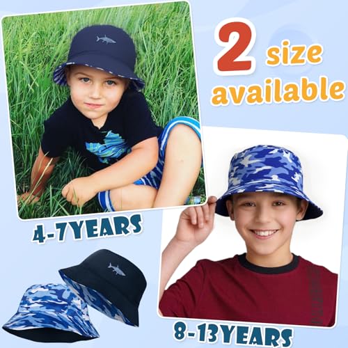 Kids Sun Hat Double-Side Sun Protection Bucket Hat for Boys and Girls - Navy Blue, 8-13 Years