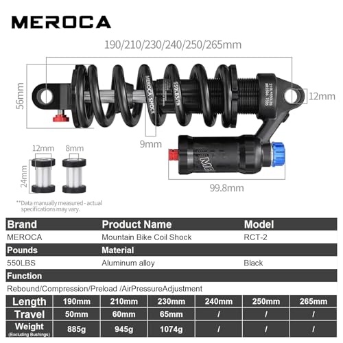 MEROCA 210mm Adjustable Air Spring Coil Over Shock Absorber 550lbs – Off-Road MTB, E-Mountain Bike