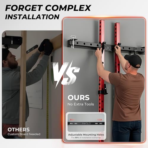 Red Folding Wall Mounted Squat Rack - Space-Saving Power Rack with Pull-Up Bar and Safety Catches
