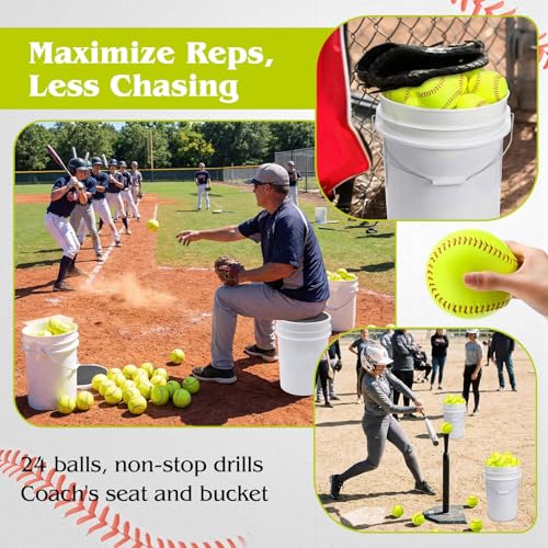 12-Inch Practice Softballs Set with Bucket - Yellow Leather Cover, Fastpitch & Slowpitch, 24 Balls