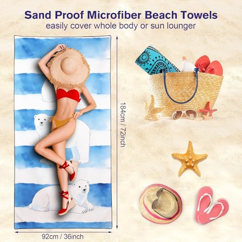 Oversized Polar Bear Beach Towel 36x72 Watercolor Stripe Microfiber Quick Dry