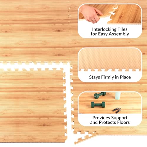 Stalwart Natural Wood Grain Foam Floor Tiles 24-Pack - Interlocking Puzzle Mats for Gym & Home