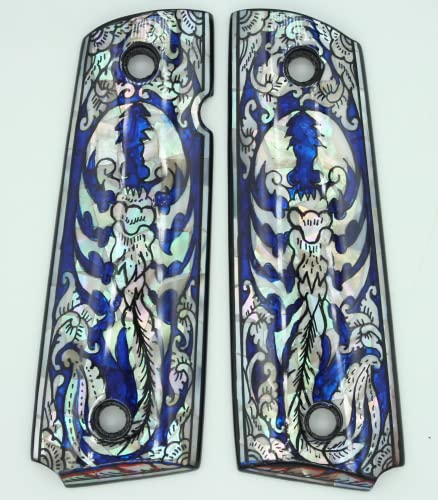 1911 Pistol Grips with Blue Mother of Pearl Art Works - Full Size Fits Colt Kimber Springfield Remington Taurus