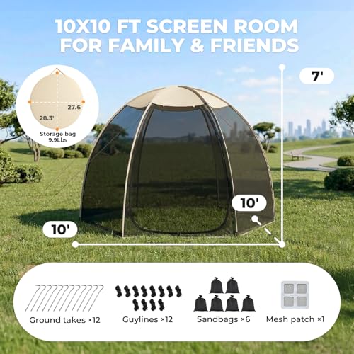 Alvantor® 10x10 ft Pop-Up Mesh Screen House with Sun Shade, Beige, Snap-Fit Design