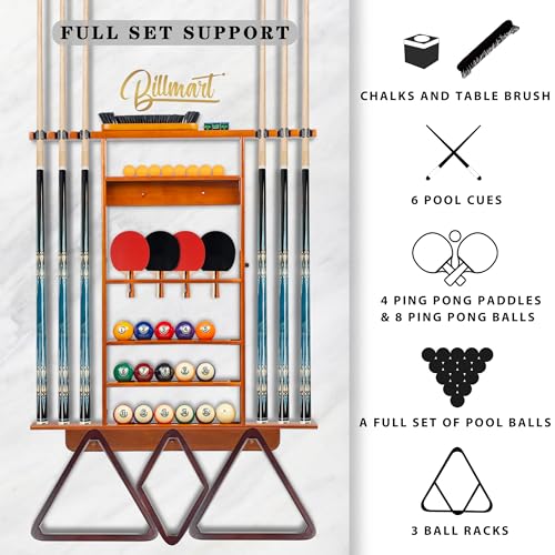 Wall Mount Billiard Cue Rack with Storage for Pool Balls & Accessories