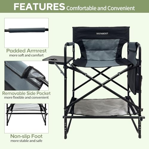 WKFAMOUT 27-Inch Tall Oversized Folding Camping Chair with Side Table, Heavy Duty Support 330LBS, Black/Grey, Seat Height 27"