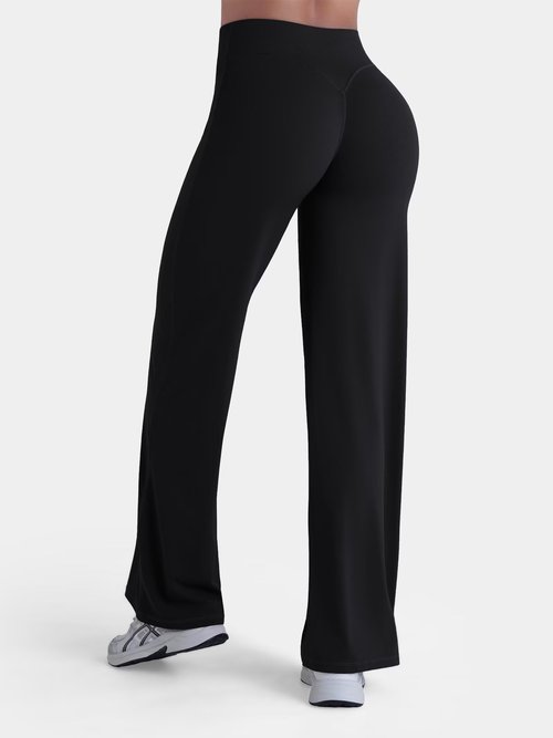 Sunzel Women's Butt Lifting Wide Leg Yoga Pants High Waist Tummy Control No Front Seam Straight Leg Workout Gym Bottoms 33" Black Large