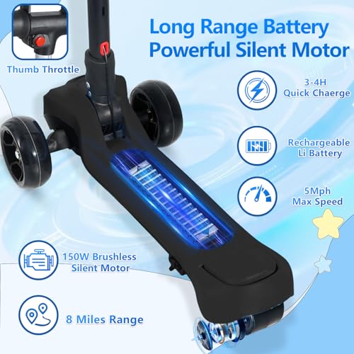 BLISSRIDE Electric Kids Scooter 3 Adjustable Heights Black Age 3-12 5MPH Safe Speed