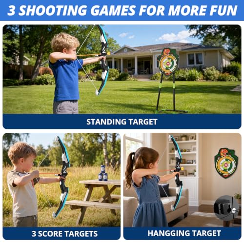 Kids LED Bow and Arrow Set with Targets - Blue & Black Indoor Outdoor Sport Gift