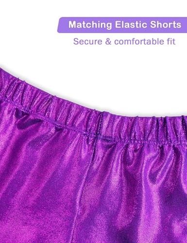 Girls Gymnastics Leotard with Sparkle and Shorts - Pink Purple Snow Dots, 6-7 Years