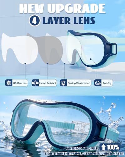 Kids Swim Goggles Anti-Fog UV Wide Vision Waterproof No Leak - Blue Green & Cyan Blue