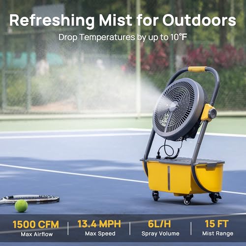 TURBRO Cordless Misting Fan with 11L Tank, High-Pressure Nozzles, Yellow