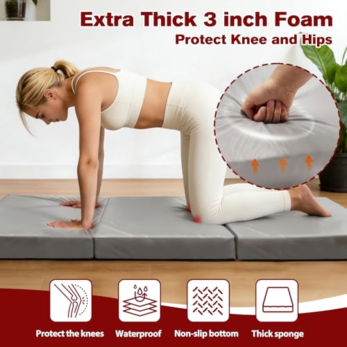 CRAURU Extra Thick 3-Inch Yoga Mat Grey 72x32 Inch Non-Slip Exercise Mat for Pilates & Fitness