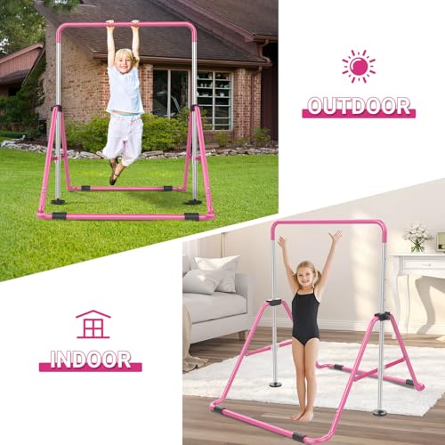 Pink Foldable Kids Gymnastics Bar with 5-Height Adjustable Support for Home, Includes Rings