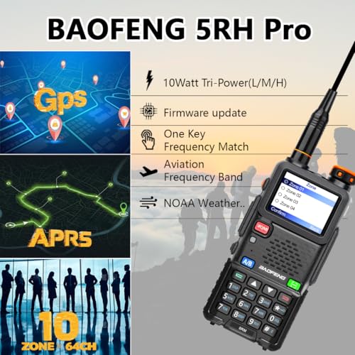 BAOFENG BF-5RH PRO GPS/APRS 10W Ham Handheld Radio with 18.88'' Tactical Antenna - Dual Band, NOAA Weather, Long Range Two-Way Walkie Talkie 2 Pack