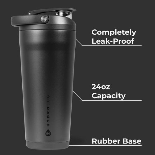 HydroJug 24 oz Stainless Steel Shaker - Insulated, Leakproof & BPA-Free - Silent Mixing Grate, Black