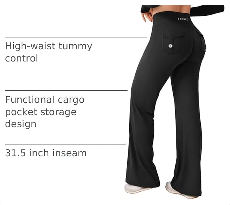 YEOREO CoreFlex Straight Leg Cargo Yoga Pants with Pockets - 31.5-Inch Inseam, Medium, Black