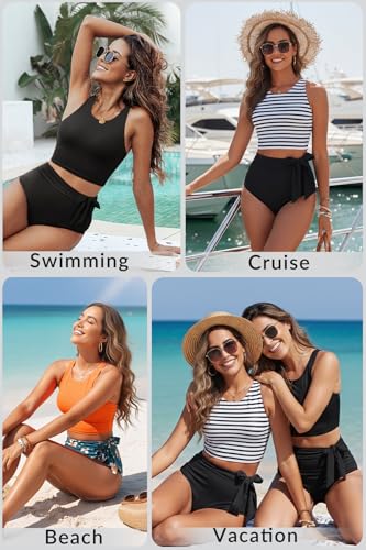 Women High Waisted Bikini Set Racerback Two-Piece Swimsuit Stripe & Black Medium
