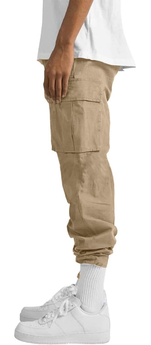 HUNGSON Mens Cargo Pants Drawstring Casual Hiking Pants Joggers Athletic Trousers Cotton Loose Straight Sweatpants for Men Beige