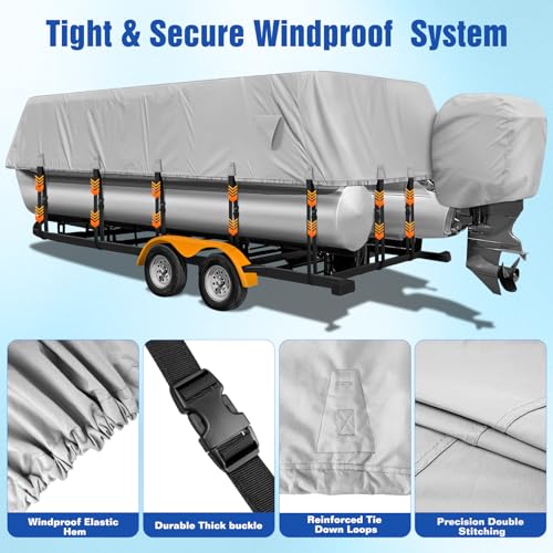 YimSting 1200D Waterproof Pontoon Boat Cover 21-24ft Gray with Support Poles