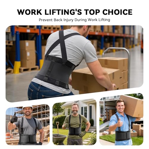 Work Back Brace for Men & Women, Adjustable Lower Back Support Belt - Black, Large