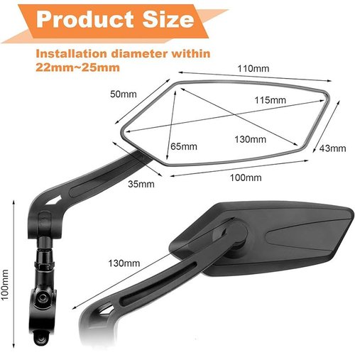 1 Pair Handlebar Bike Mirror, 360° Rotatable Scratch Resistant Glass Lens High Definition Ebike Rear View Mirrors with Mount Accessories for Mountain Bike Road Bike E-Bike