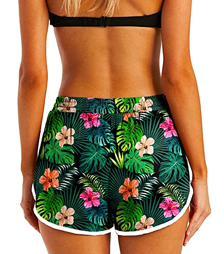 Women Board Shorts Hawaiian Tropical Print Beach Swim Shorts with Pockets - Medium Floral Palm