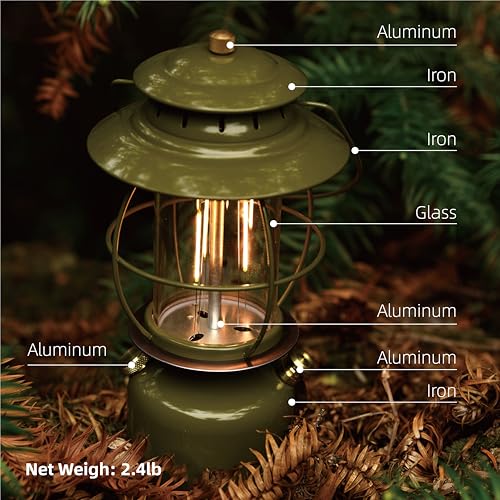 Retro Army Green Metal Vintage LED Camping Lantern with Dimming