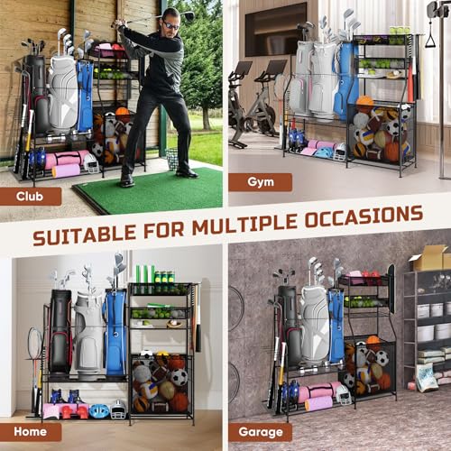 Heavy-Duty Garage Sports Equipment Organizer with Golf Bag Stand & Hooks