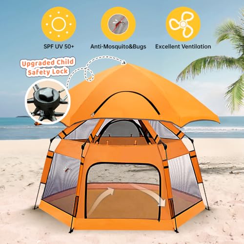 GEIYATOI Orange Baby Pop Up Playpen with UV Canopy & Safety Lock, Portable Indoor & Outdoor Toddler Play Yard