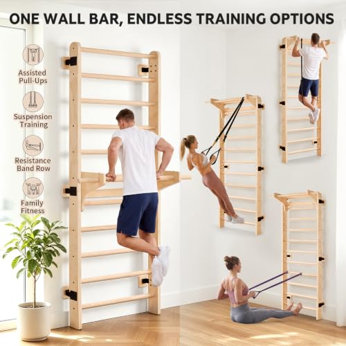 Neoflavie Wooden Wall Gym Ladder with Pull-Up Bar, Heavy-Duty 330LB Support
