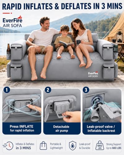 Everfire Nebula Gray Portable Inflatable Couch with Built-in Pump, 3-Seater Camping Sofa