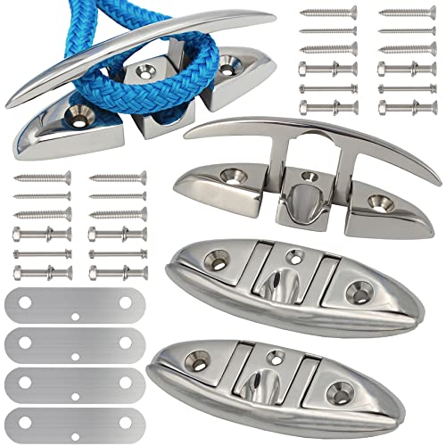 VEITHI 6-Inch Stainless Steel Folding Boat Cleats with Back Plates, Pack of 4
