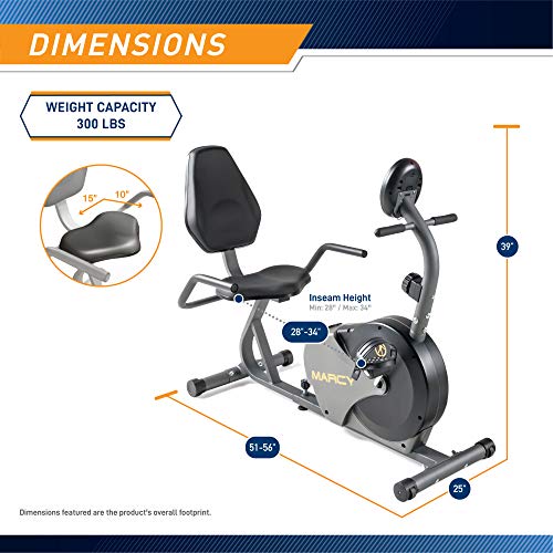 Marcy Magnetic Recumbent Exercise Bike with Adjustable Resistance, Transport Wheels, 11x22x31 Inches - Black/Grey