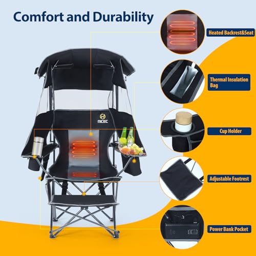 Heated Camping Chair with Canopy & Footrest - Black & Grey 1 Pack