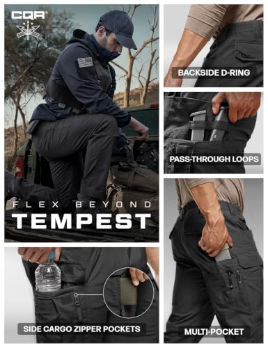 Men's Flex Stretch Tactical Cargo Pants - Water-Resistant Ripstop, Lightweight, 38W x 34L, Tempest Black