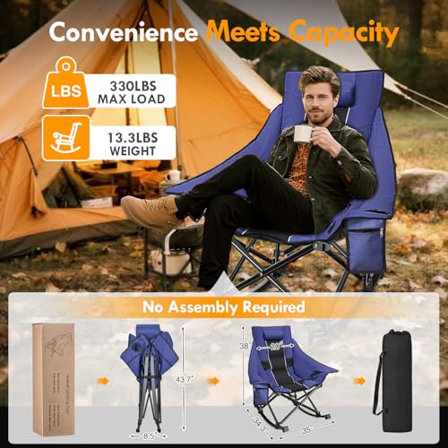 Slendor Heated Camping Chair Blue Oversized Rocking Chair with Pillow & Cup Holder