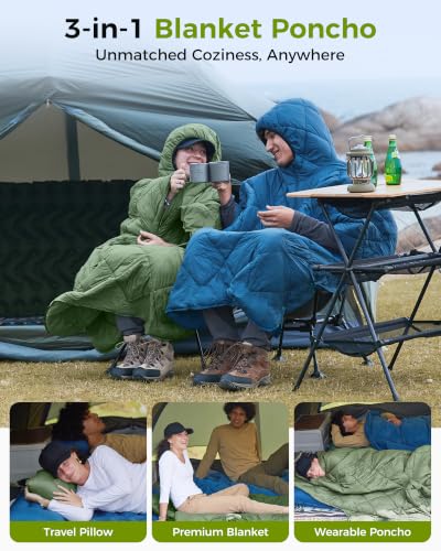 ATEPA Black 3-in-1 Wearable Camping Blanket Poncho with Hood
