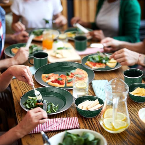 Nuogo 48-Piece Green Camping Enamel Dinnerware Set for 8 with Bowls Plates Cups Utensils