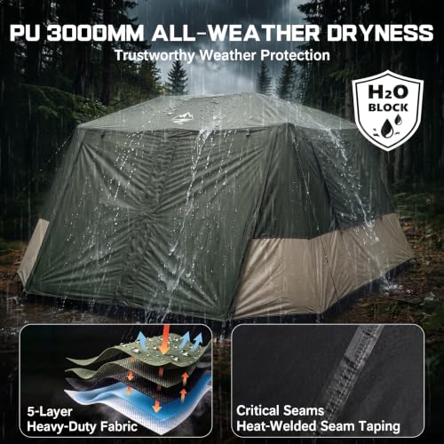 6 Person Waterproof Family Camping Tent with Rainfly & Extended Vestibule - Green/Khaki