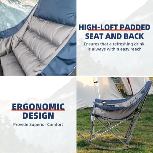 Blue & Gray Oversized Rocking Camping Chair 400lb Capacity with Cup Holder