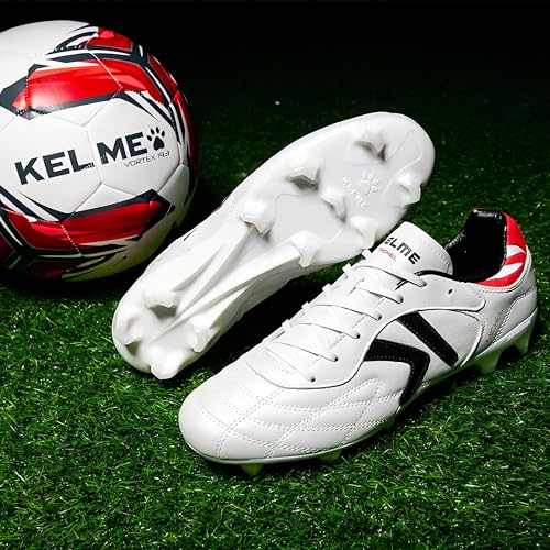 KELME Men’s Soccer Cleats Pro Calfskin Leather White 9 Outdoor Firm Ground Football Shoes